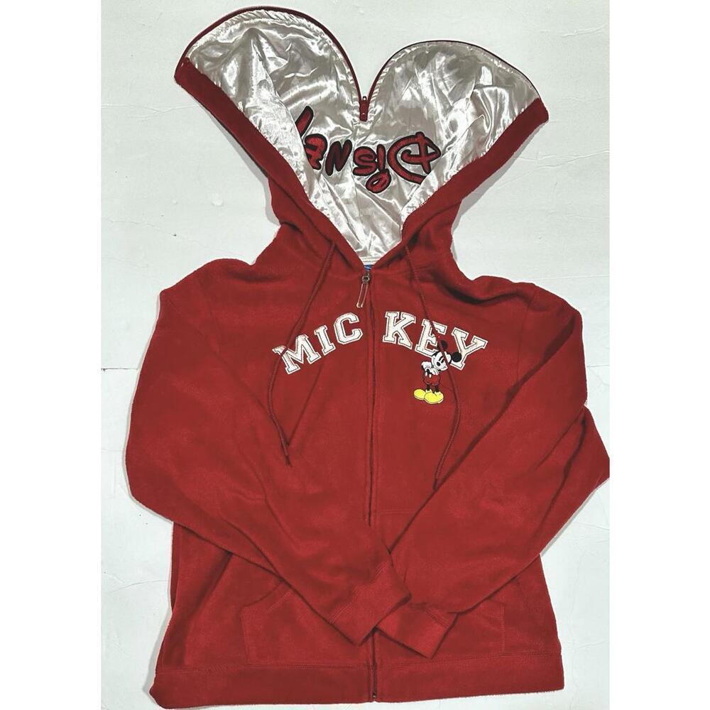 Disney Girl's Mickey Mouse Red Full Zip Hoodie Embroidery Satin Hood Fleece LG - Picture 5 of 15